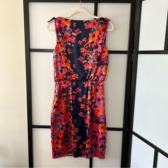 [6] Evan Picone Navy Blue Midi Length Dress with Orange & Pink Floral Pattern - Picture 5 of 10